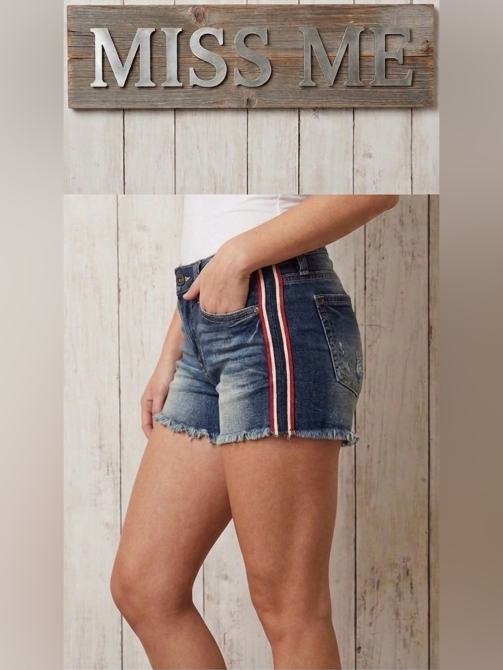 Miss Me Mid Rise Red/White/Blue Strip Denim Shorts 25